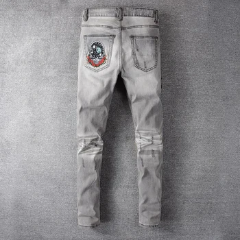 Vyrų lokys siuvinėjimo kratinys pilkos spalvos džinsus Streetwear išsiuvinėti plonas liesas ruožas džinsinio audinio kelnės