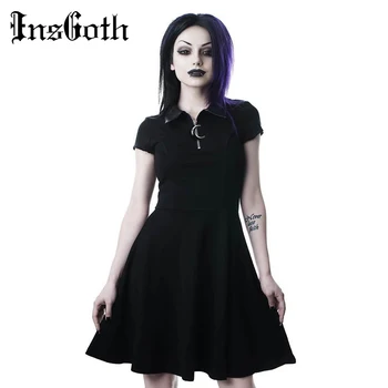 InsGoth Moterų Derliaus Estetinės Grunge Moterų Mini Vakare Šalis Suknelė Gothic Punk Elegantiškas Mėnulis Užtrauktukas Juoda Kieta Suknelė