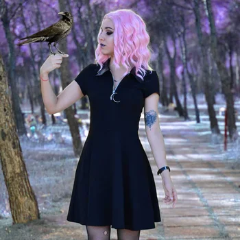 InsGoth Moterų Derliaus Estetinės Grunge Moterų Mini Vakare Šalis Suknelė Gothic Punk Elegantiškas Mėnulis Užtrauktukas Juoda Kieta Suknelė