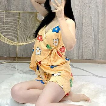 2020 Nauja Pižama Rinkiniai Moterims Japonijos Kimono Vasarą Medvilnės V-kaklo, Petnešos Topai, Šortai Seksualus Sleepwear Ištaigingas Dėvėti Nėrinių