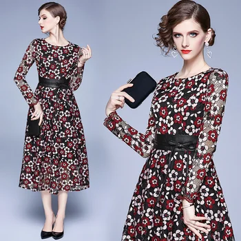 Mados Dizaineris kilimo ir tūpimo Tako suknelė Pavasarį, Rudenį Moterų Suknelė floros Nėrinių Raukiniai, nėriniai Suknelės su diržu