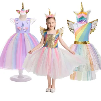 Vienaragis Princesė Dress Mergaitės Gimtadienio Kostiumai Vaivorykštė Sluoksniuotos Kostiumas Vaikams Unicornio Apsirengti 3-8T