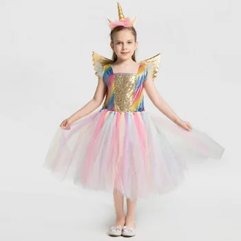 Vienaragis Princesė Dress Mergaitės Gimtadienio Kostiumai Vaivorykštė Sluoksniuotos Kostiumas Vaikams Unicornio Apsirengti 3-8T