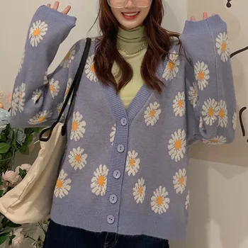 Mados Moterų Megztinis Saldus Daisy Spausdinti Prarasti Korėjos Megztiniai Rudenį 2020 Moterų Drabužių Megztinis Liemenė Cardigan Trikotažas