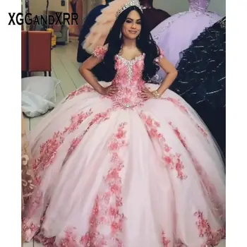 Prabanga Rožinė Quinceanera Suknelę 2020 Gėlių Didelis Kamuolys Suknelė Promenadzie Suknelė V Kaklo Išjungti Peties Duobute Perlai Aplikacijos Gimtadienio