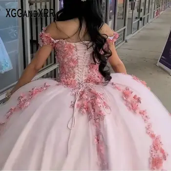 Prabanga Rožinė Quinceanera Suknelę 2020 Gėlių Didelis Kamuolys Suknelė Promenadzie Suknelė V Kaklo Išjungti Peties Duobute Perlai Aplikacijos Gimtadienio