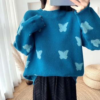 Mados moterų megztinis 2020 m. rudens ir žiemos nauji laisvi ir tingus stiliaus išorinis dėvėti drugelis spausdinti megzti viršų