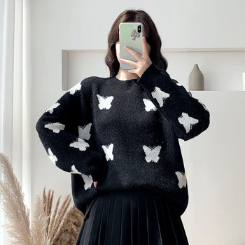 Mados moterų megztinis 2020 m. rudens ir žiemos nauji laisvi ir tingus stiliaus išorinis dėvėti drugelis spausdinti megzti viršų