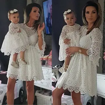 Mamytė Mergina Šeimos Atitikimo Suknelė Motina Dukra Tuščiaviduriai Baltųjų Gėlių Atostogų Mini Suknelės