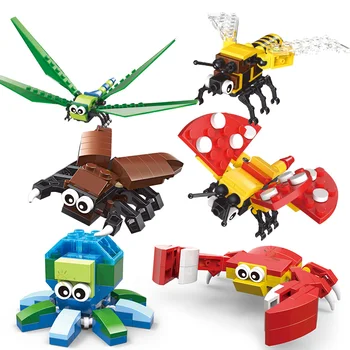 HUIQIBAO 6PCS/SET Vabzdžių Serijos Gyvūnų Blokai Wrap Krabų Klasikinis Miesto Kūrėjas Plytų Švietimo Žaislai Vaikams Dovanų
