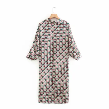 2020 Naują Geometrinių Spausdinti Vasaros Ilga Suknelė Moterims Korėjos Mados Drabužių V-Kaklo, Ilgomis Rankovėmis Prarasti Tiesiai Midi Suknelė Elegantiškas