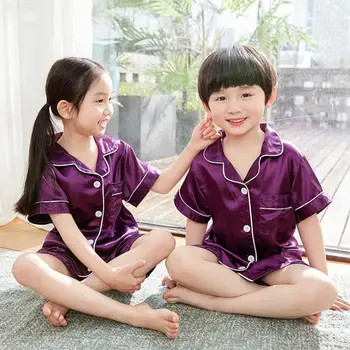 2020 metų vasaros Mergaitėms trumpomis rankovėmis Pižama Vaikų Sleepwear Nustatyti Šilko Pižama Kostiumas Berniukams, Pižamos Rinkiniai Vaikams Homewear Nustatyti 3-14Y