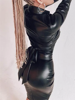 Seksualus, Moterų Atsitiktinis V-Kaklo Suknelė Solid Black PU Odos ilgomis Rankovėmis Bodycon Marškinėliai, Suknelės