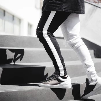 Vyrų Fitneso Kelnės Juodos ir Baltos Kojų Sujungimas Kelio Skylių Dizaino Vyrų Punk Hip-Hop Krovinių Kelnės Plius Dydis 3XL Vyrų Kelnės