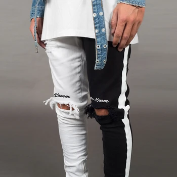 Vyrų Fitneso Kelnės Juodos ir Baltos Kojų Sujungimas Kelio Skylių Dizaino Vyrų Punk Hip-Hop Krovinių Kelnės Plius Dydis 3XL Vyrų Kelnės