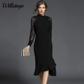 Willstage Akies Juoda Moterų Šifono Suknelė Vintage 2019 M. Pavasarį, Rudenį Naujų Mados Ilgomis Rankovėmis Moteriška Elegantiškas Vidurio Blauzdos Suknelės