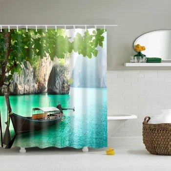 3D Dušo Užuolaidos Paplūdimio Žalia Miško Vandeniui Poliesterio Vonios Užuolaidų Žaliųjų Augalų Dušo Užuolaidos Su Kabliu cortina