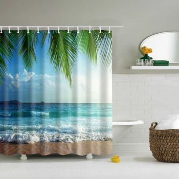 3D Dušo Užuolaidos Paplūdimio Žalia Miško Vandeniui Poliesterio Vonios Užuolaidų Žaliųjų Augalų Dušo Užuolaidos Su Kabliu cortina