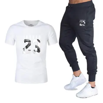 T-Marškinėliai+kelnės vyrams nustatyti 2 gabalas rinkinys tracksuit Poilsiu Prekės Vyriškos Kelnės Atsitiktinis marškinėliai, Sportinės aprangos Komplektas