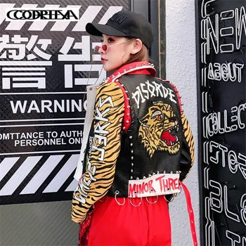 Moterų Punk Rock Kailis Kniedės Tigro Galva Siuvinėjimo Motociklo Dirbtiniais Odinė Striukė Laišką grafiti Tigras modelio Spausdinimo PU Striukės
