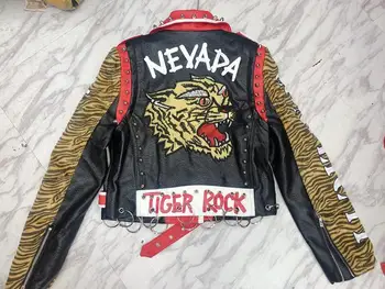 Moterų Punk Rock Kailis Kniedės Tigro Galva Siuvinėjimo Motociklo Dirbtiniais Odinė Striukė Laišką grafiti Tigras modelio Spausdinimo PU Striukės